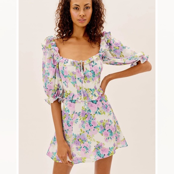 For Love & Lemons Imogen Floral Bouquet Printed Corset Ruffles Mini Dress
